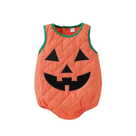 MEZZALL Toddler Baby Girl Boy Halloween Outfits Sleeveless Pumpkin Romper Ruffle O-Neck Bodysuit Onesie Jumpsuit Cute Halloween Clothes Stylish Clothing