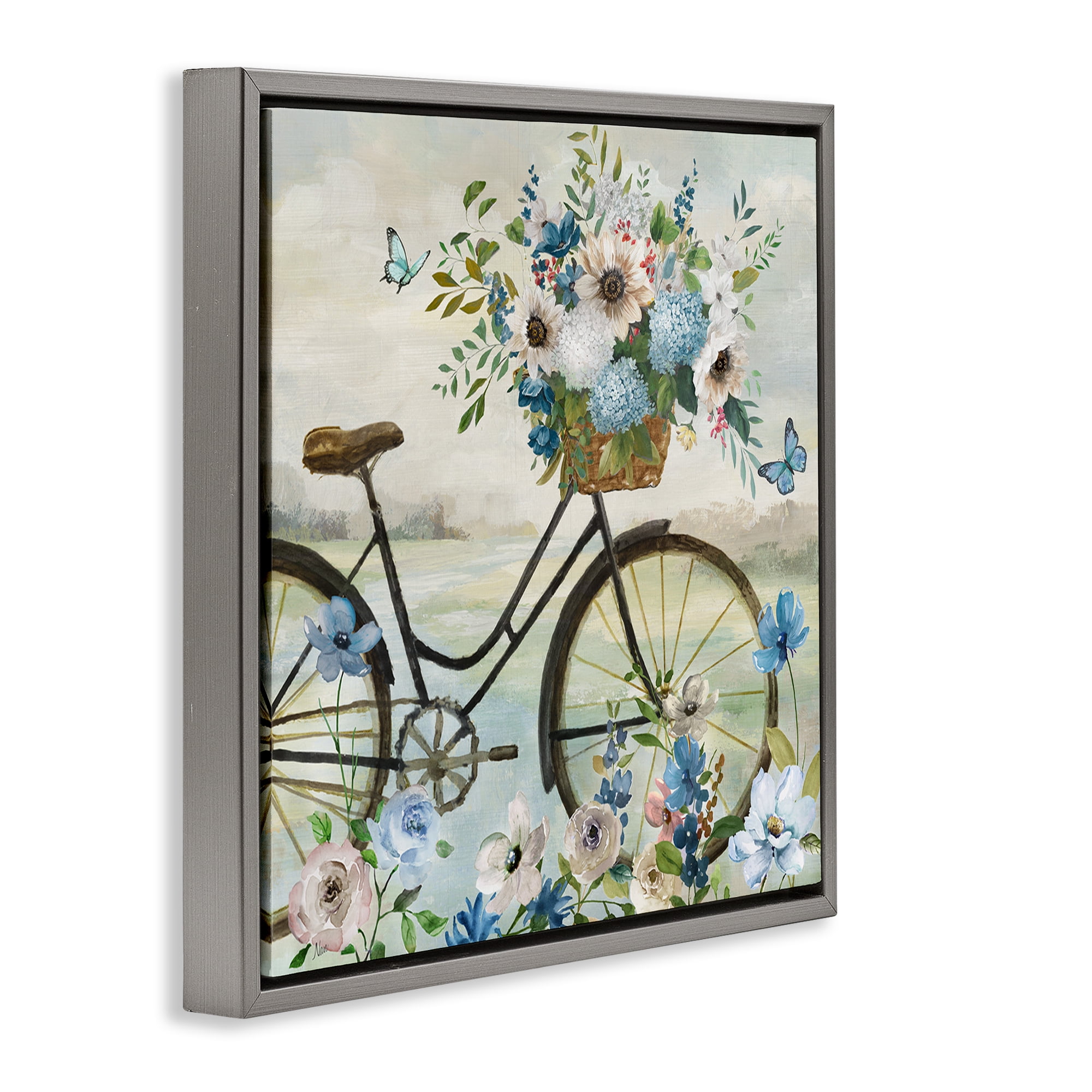 Stupell Industries Floral Bicycle & Butterflies Transportation Painting Gray Floater Framed Canvas Art Print Wall Art, 25 x 25