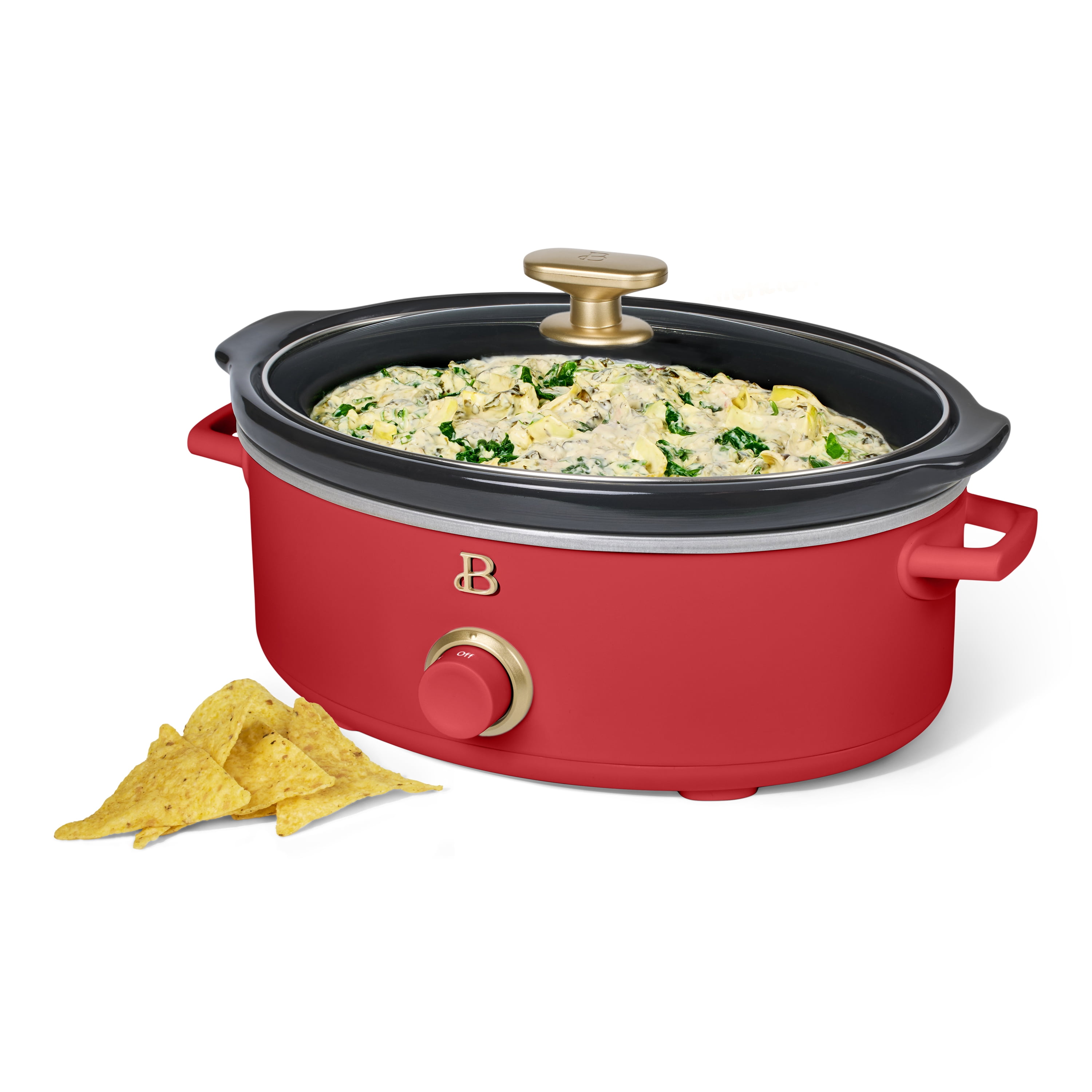 Beautiful 2.5 Qt Dip and Serve Manual Slow Cooker, Tomato Red by Drew Barrymore