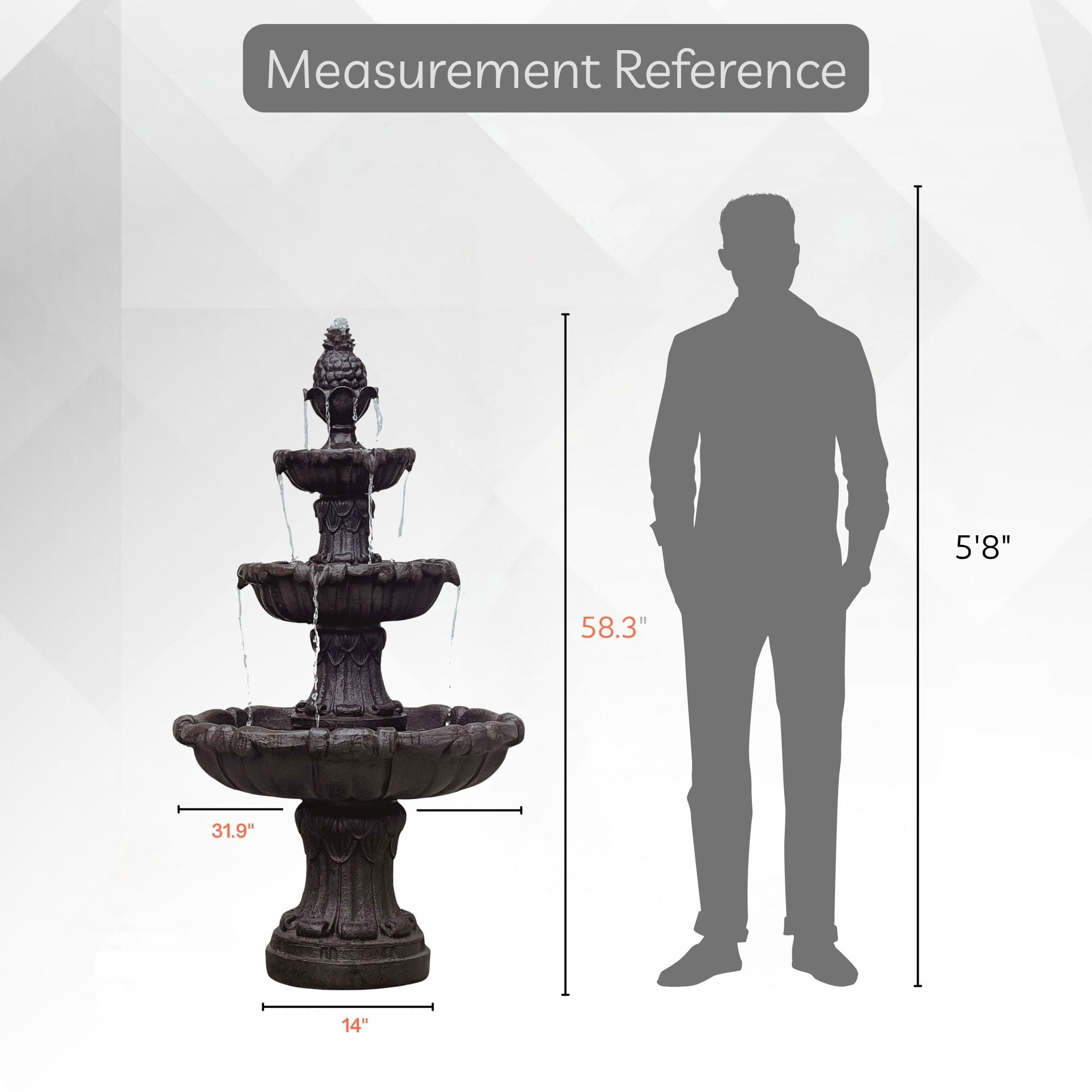 58.3" 3-Tier Electric Outdoor Freestanding Water Fountain - Classic Leaf Design, Brown Resin with Pump