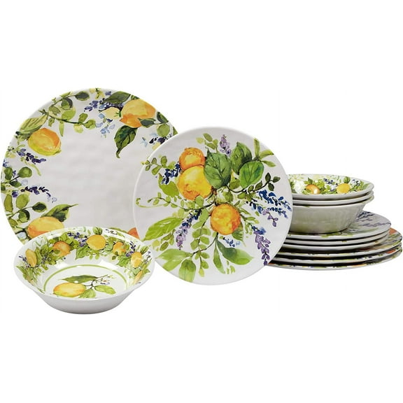 Certified International Lemon Zest 12 pc Melamine Dinnerware Set, Service for 4, Multicolor