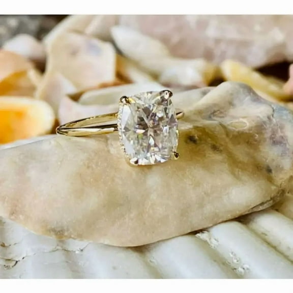 Aishvi Jewels 3 Ct Cushion Cut Moissanite Women Solitaire Engagement Ring 14K Yellow Gold Plated 925 sterling Silver
