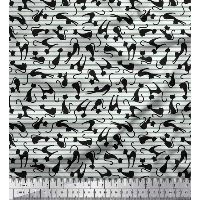 Soimoi Poly Georgette Fabric Stripe & Cat Animal Print Fabric by The Yard 52 Inch Wide