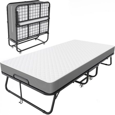 SUNCROWN Folding Bed, 5" Thick 75" x 38" Twin Size Metal Beds Frame for Adults, Space Saving Portable Beds with Lockable Wheels and Mattress,