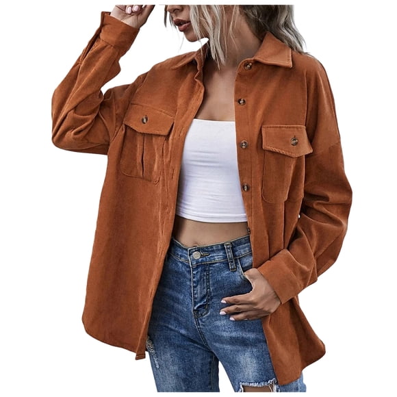 HSMQHJWE Womens Corduroy Jacket Shirt Oversized Button Down Shirts Long Sleeve Casual Tops