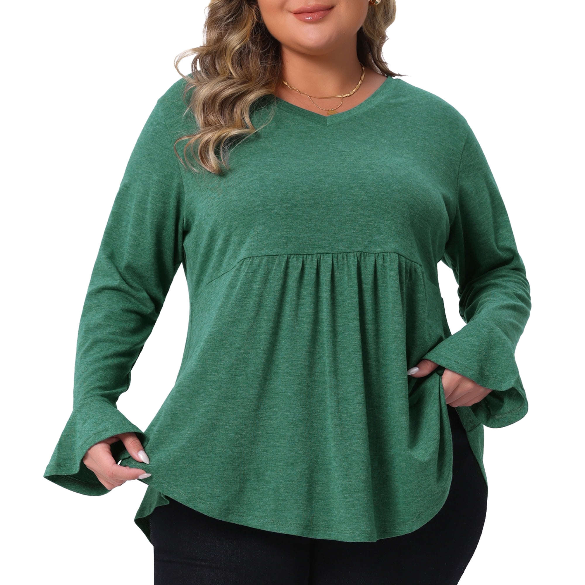 Women's Plus Long Sleeve Shirts Flared Sleeves Pullover Dressy Casual Peplum Tops 1X Green