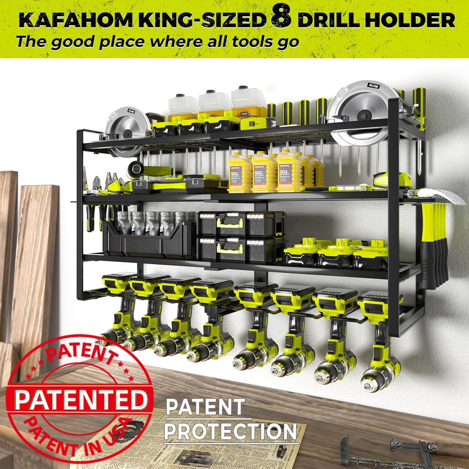 8 Drill Wall Mount Power Tool Organizer, 4 Tier Heavy Duty Metal Storage Rack with Screwdriver Plier Hammer Holders