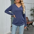 thumbnail image 2 of Olyvenn Womens V Neck Long Sleeve Shirts Banded Bottom Cute Loose Fit Tops Dressy Casual Outfits for Fall Spring Navy M, 2 of 9