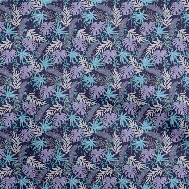 oneOone Tissu Polyester Spandex Bleu Motif Feuille Tropicale Tissu au Mètre 56 Pouces de Large