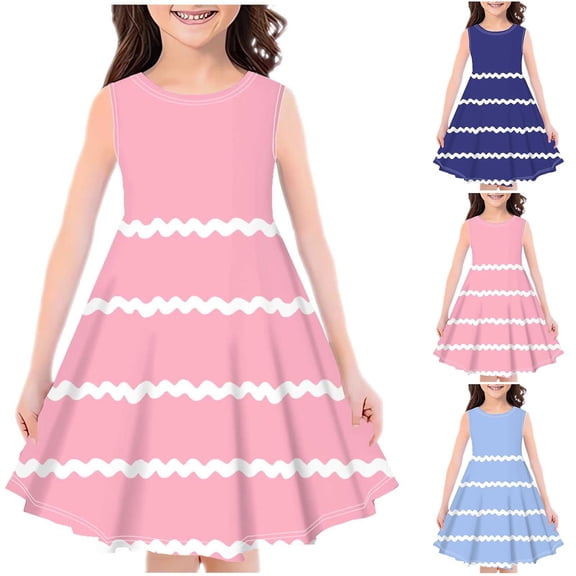 Hrsba Girls Summer Dress Summer Sleeveless Round Neck Striped Dress Fashion Style Soft Lightweight Suitable for School and Daily Wear Dresses for Kids