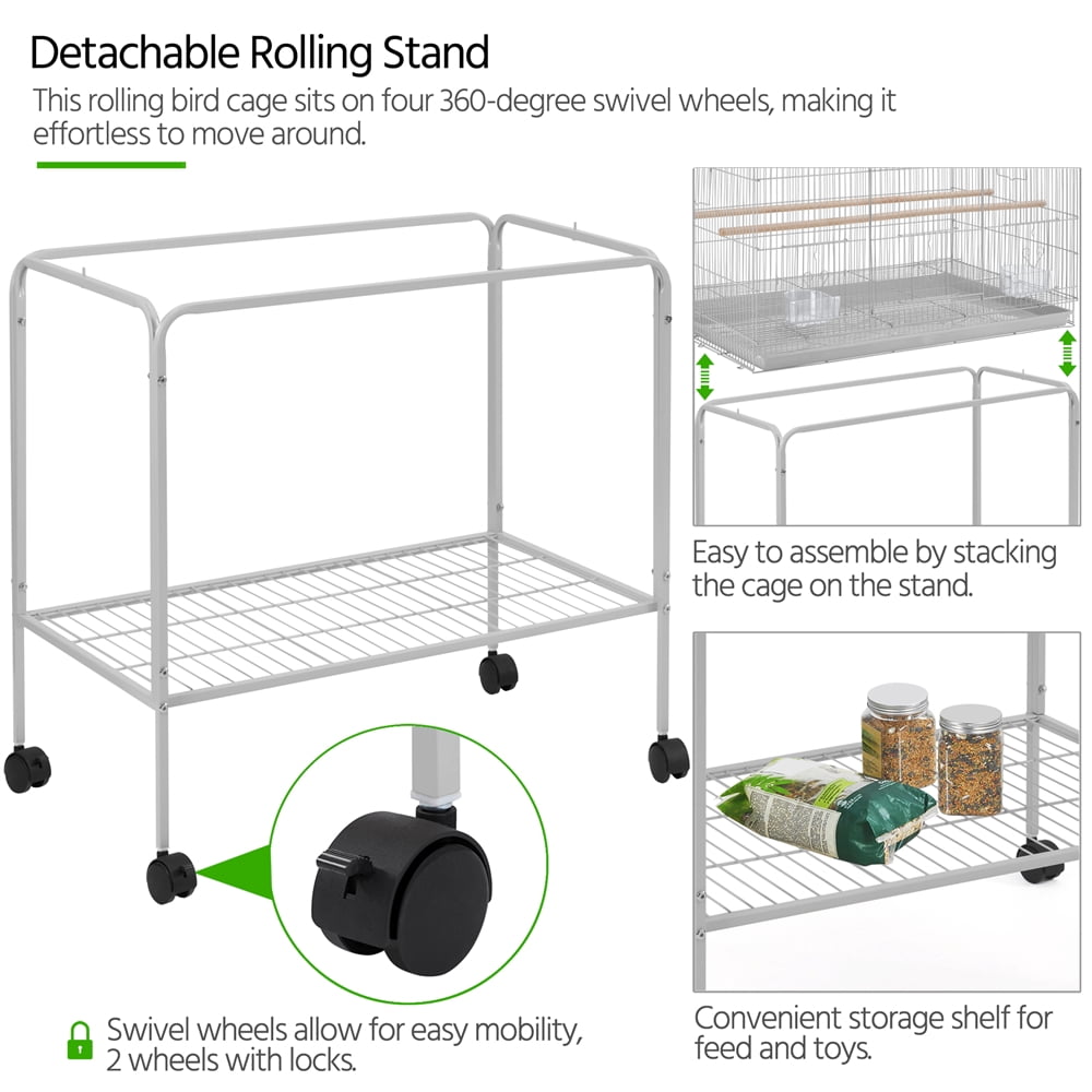 Renwick 47"H Rolling Stand Flight Metal Bird Cage with Slide-Out Tray for Small Birds, Light Gray