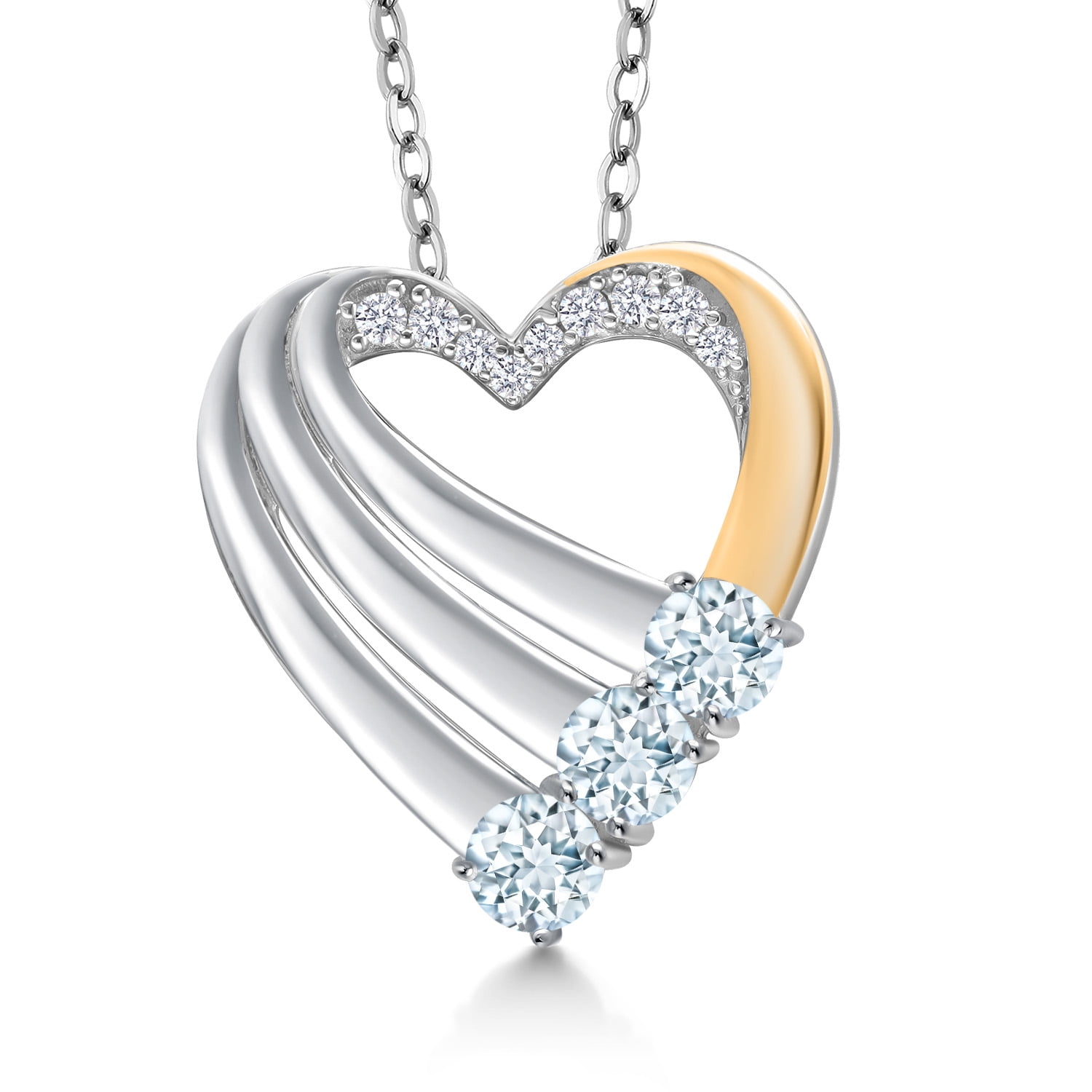 Gem Stone King 925 Silver and 10K Yellow Gold Sky Blue Aquamarine and White Lab Grown Diamond Heart Pendant for Women | 0.85 Cttw | Gemstone March Birthstone | With 18 inch Chain