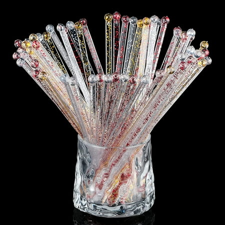 

100 Pieces Disposable Plastic Round Top Crystal Swizzle Sticks Glitter Plastic Swizzle Sticks Cocktail Coffee Drink Stirrers Cake Sticks Multi Color