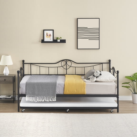 Metal Daybed with Trundle Bed, Twin Size Day Bed with Headboard and Heavy Duty Steel Slats Support, Mattress Foundation Platform Sofa Bed, for Living Room, Bedroom, Easy Assembly, Black