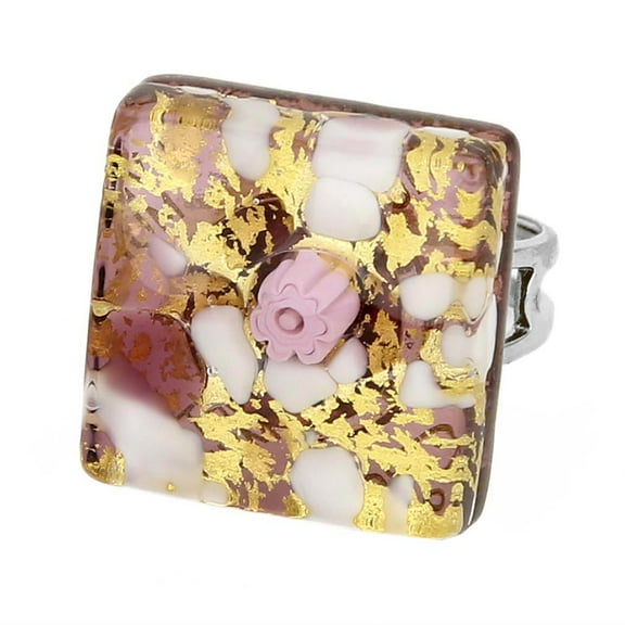 GlassOfVenice Murano Glass Venetian Reflections Square Adjustable Ring - Purple Gold