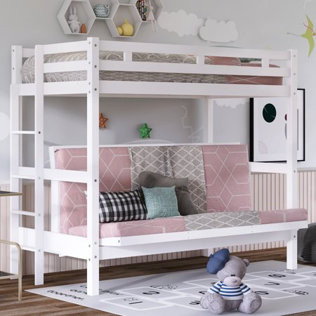 EUROCO Twin over Twin/Full Bunk Bed  Convertible Lower Bed for Kids Bedroom  Living Room  White