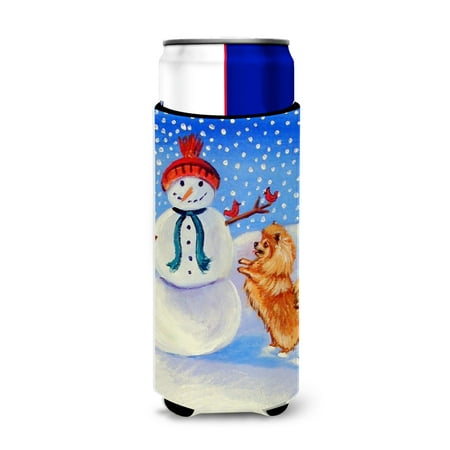 

Caroline s Treasures 7151MUK Snowman with Pomeranian Winter Snowman Ultra Hugger for slim cans Slim Can multicolor
