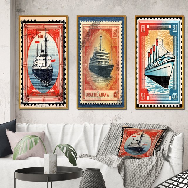 Designart « Vintage RMS Titanic Postal Stamp II » Bateau Ensemble d'Art Mural Encadré de 3 - Ensemble de Cadres Modernes Rouges pour Mur de Galerie pour Déco Maison