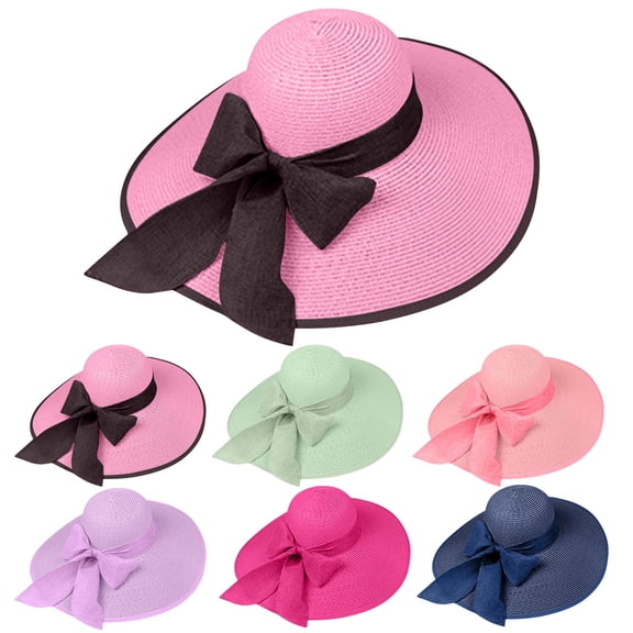 Women's Summer Elegant Beach Straw Hat – Knitted Bowknot Wide Brim Floppy Panama For Vacation Sunshade Navy