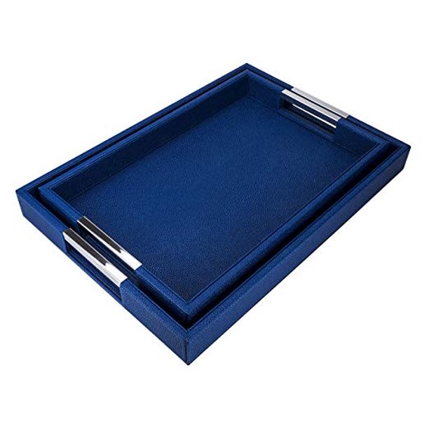 Faux Leather Rectangular Trays Luxury Blue Serving Trays Breakfast Coffee Tray Butler Serving
