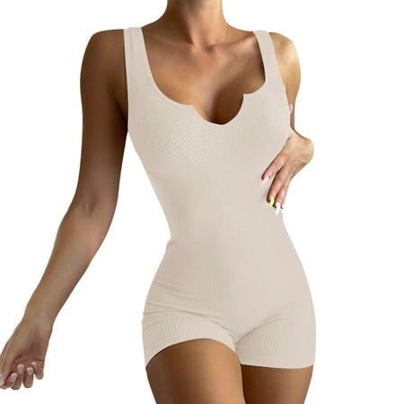 

Shapewear Bodysuit For Women Tummy Control Casual Tank Sleeveless Club Party Rompers Short Jumpsuits For Women Summer Beige M