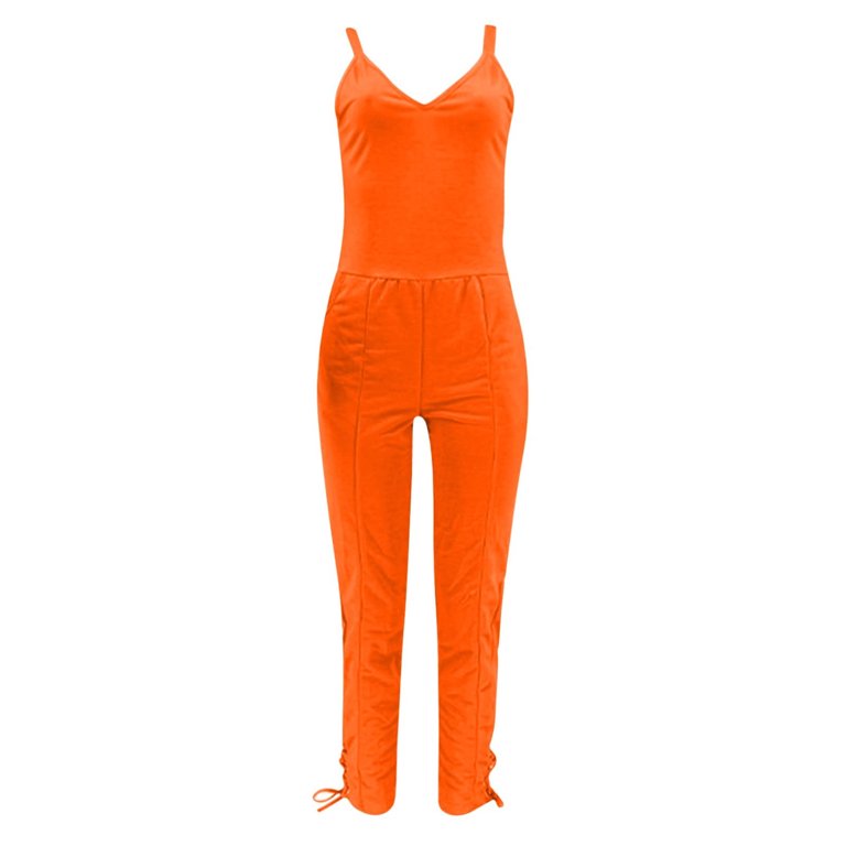 Jsezml Womens Jumpsuits Solid Color Sleeveless V Neck Overalls Drawstring  Side High Waist Rompers with Pockets