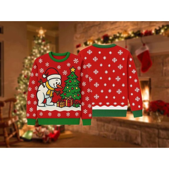 Christmas Sweater Red, Cute Snowman Xmas Tree Sweatshirt, Holiday Party Outfit, Funny Winter Gift Pullover
