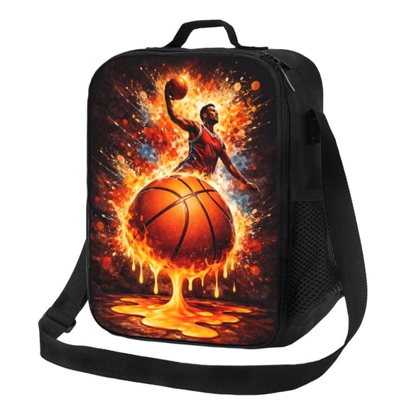 Flaming Basketball Lunch Bag Insulated Thermal Box with Shoulder Strap & Handle for Work and Picnic