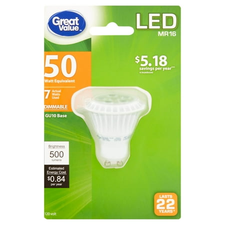 Great Value LED Light Bulb, 7W (50W Equivalent), Dimmable, Soft White, GU10, MR16