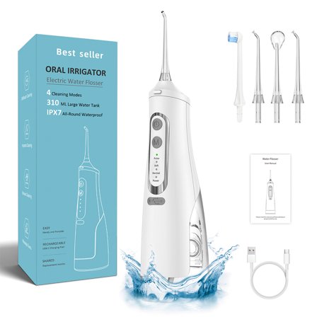 YEVYO Cordless Water Flosser Rechargeable, 4 Cleaning Modes, 310ml Water Tank, IPX7 Waterproof, Portable Water Dental Pick for Braces & Adults - White