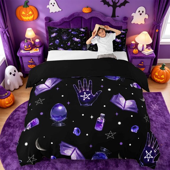 Homewish Mystic Witch Halloween Bedding,Palm Crystal Spell Book Pattern Duvet Cover Full,Black Violet,Black Reversible,3 Pieces,1 Duvet Cover and 2 Pillowcases