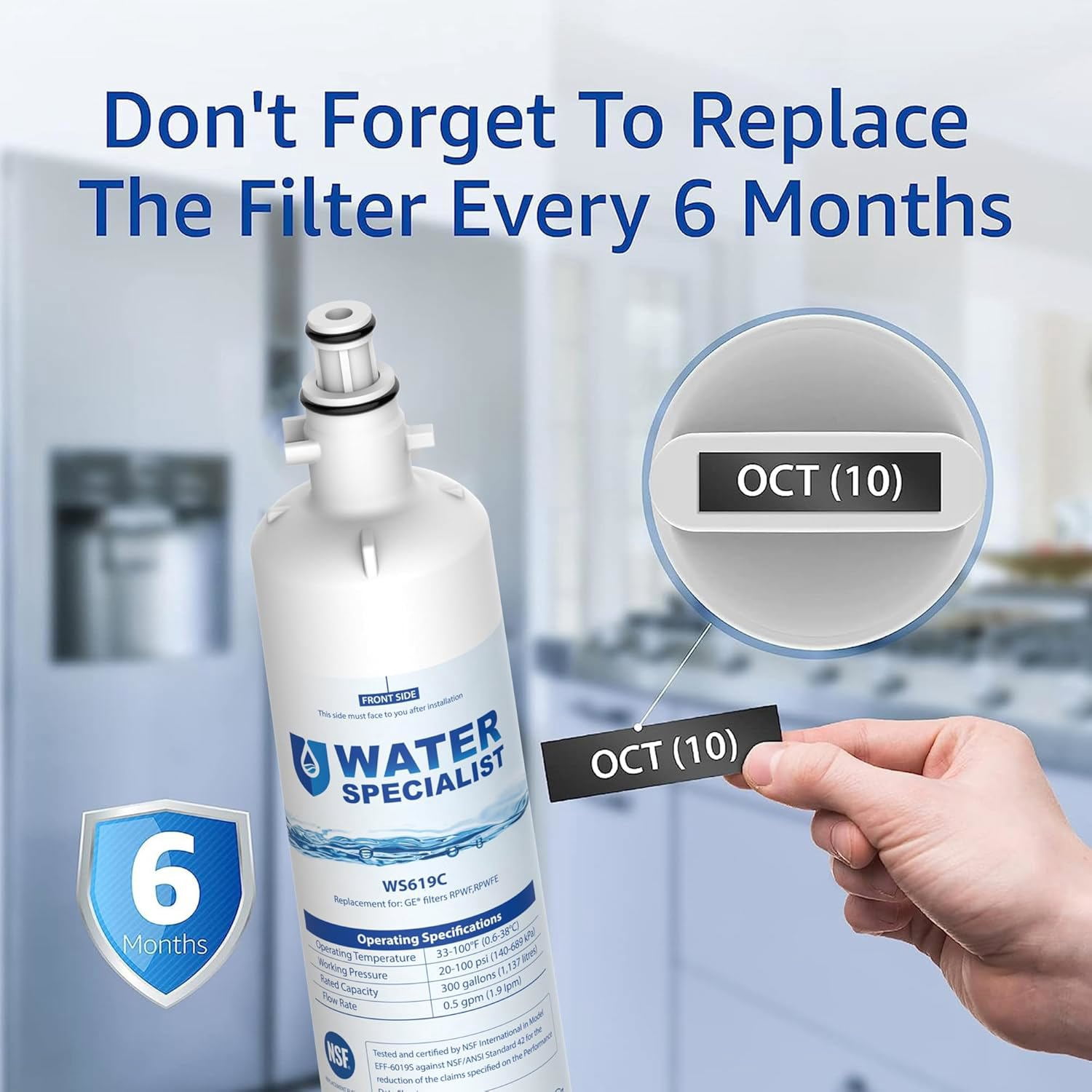Waterspecialist WS619C Replacement for RPWFE, RPWF (Built-in CHIP) Refrigerator Water Filter, Compatible with GYS22GMNES, GYE22HSKSS, PYE22PELDS, GFE26GMKES, GFE26GGHWW, GFE28GYNFS,3 Filters