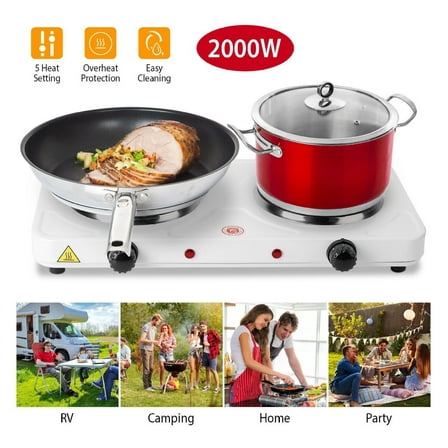 2000W Double Electric Burner, Portable Dual Countertop Stove, Hot Plate with 5 Temp Control