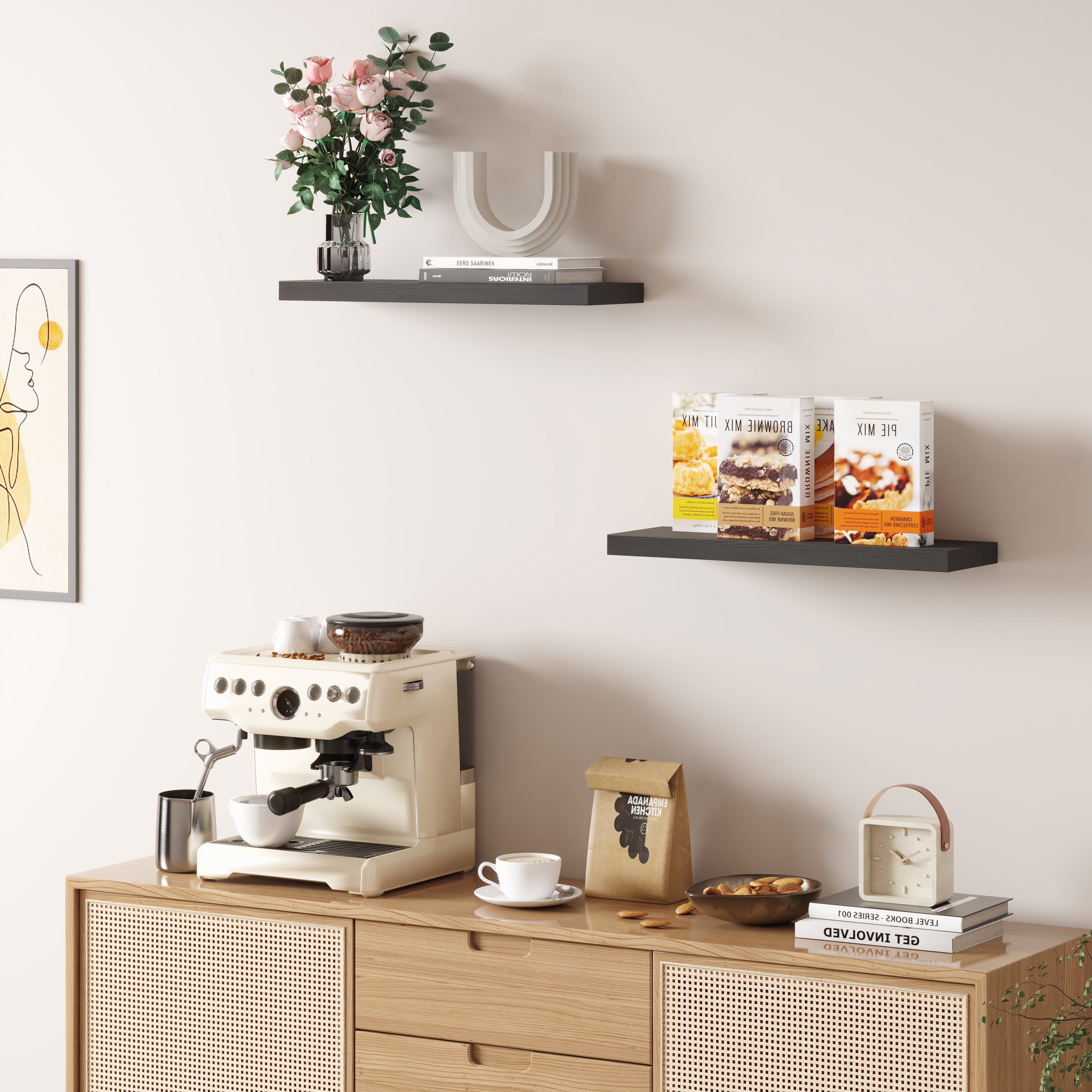23.5 in Solid Wood Floating Shelves Wall Mounted Shelves, Black Color, Set of 2