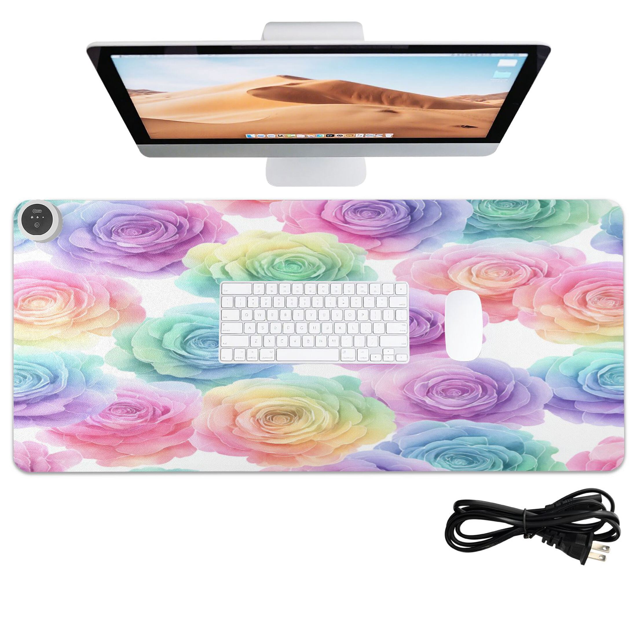 Large Heated Desk Mat Mouse Pad 31.5"x13"PU Leather Graphene Heating Desk Warmer with 3 Temperature Settings 110V US Plug Non-Slip Warm Pad for Home, Office, and Gaming Little Rainbow Rose Garden
