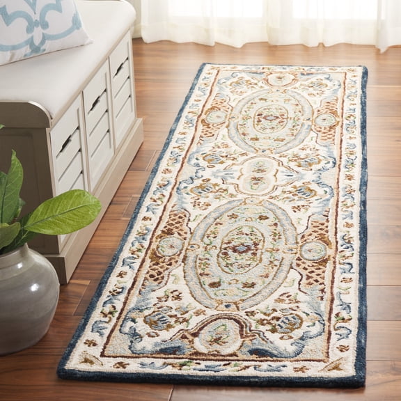 Safavieh Handmade Aubusson Gretl Traditional Oriental Medallion Wool Rug 2'3" x 8' Runner - Ivory/Blue