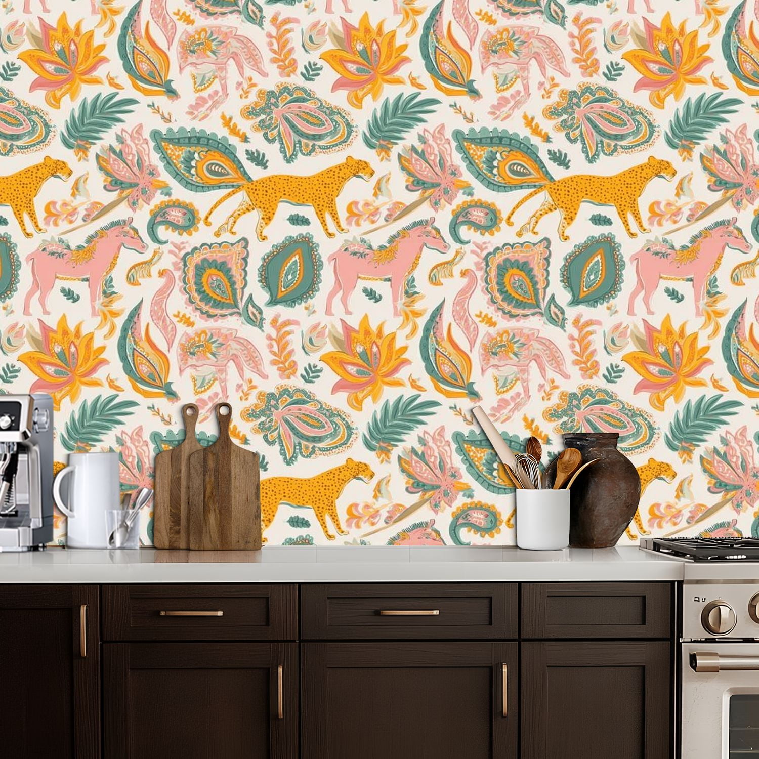 Paisley Peel and Stick Wallpaper 17.7in x 9.8ft Colorful Floral Animal Leopard Horse Illustrations Contact Paper Vinyl Waterproof Self Adhesive Wall Paper for Bedroom Shelf Cabinet Renter Friendly