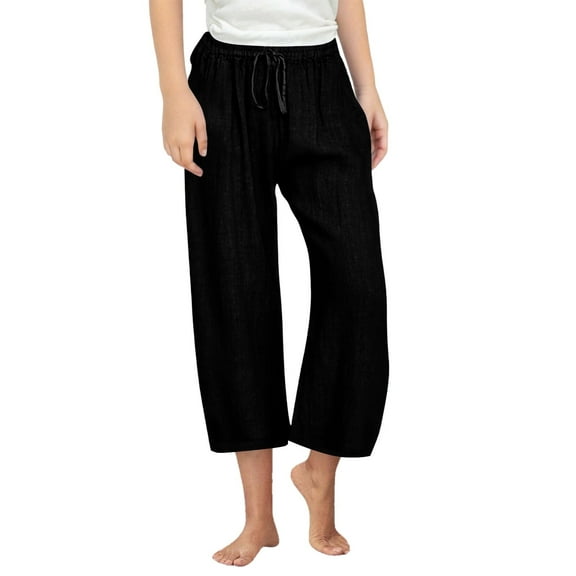 Juslio Girls Pants Girls Casual Smocked High Waist Pant Loose Wide Leg Long Trousers 4-14 Years（Black Capris， 130）