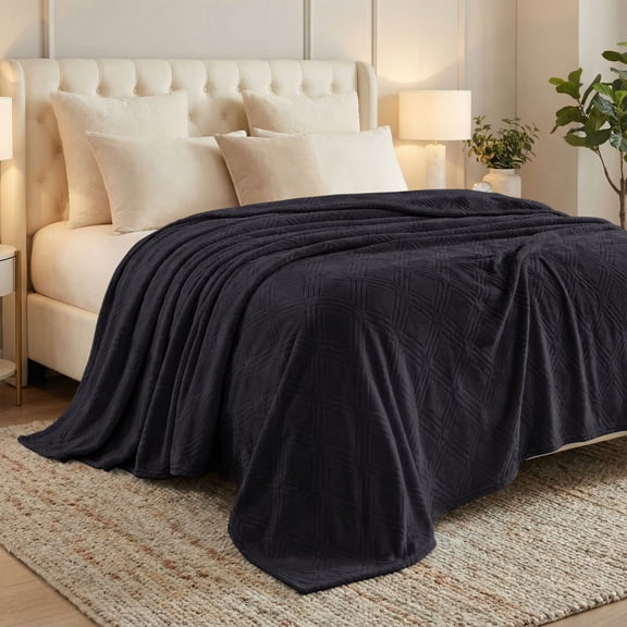 Superior Alaska Diamond Fleece Blanket 90" x 90", Lightweight Soft Bed Blankets, Full Size, Black