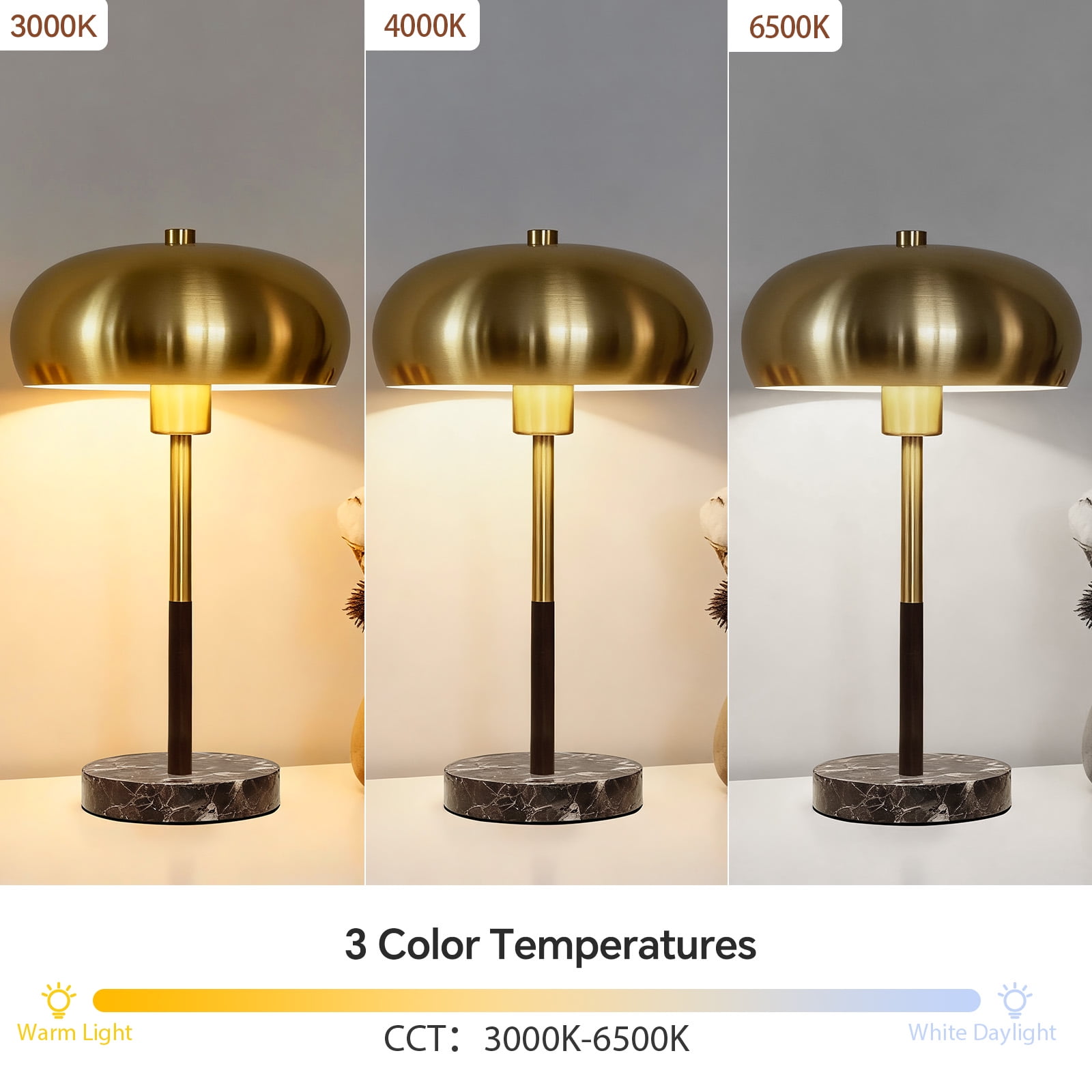 SUNMORY 16” Modern Gold Table Lamp with Marble Base, Nightstand Lamp E26 Bulb Included, 3 Color Temperatures Dimmable Living Room Lamp, Desk Lamp for Bedroom, Office
