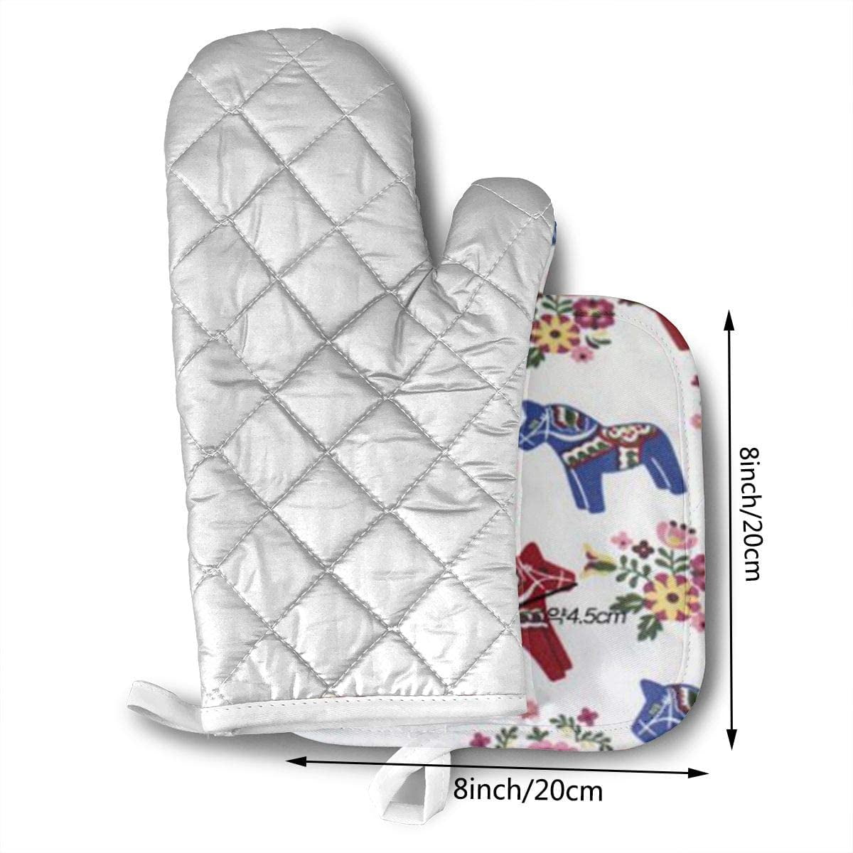 2-Piece Sets Floral Swedish Dala Horses Oven Mitts and Potholders Kitchen Set with Cotton Heat Resistant,Oven Gloves for BBQ Cooking Baking Grilling