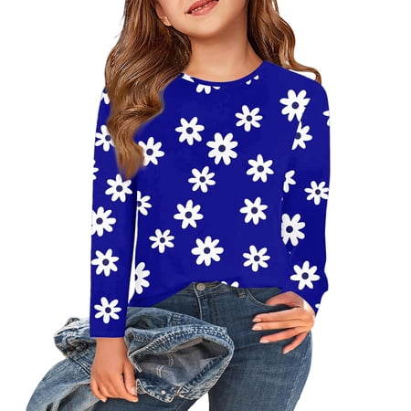 Abcomgle Girls Long Sleeve Shirts 10-12 Casual Daisy Flower Print Crewneck Tee for Girls Winter Basic Girls Tops Trendy Girls Blouses 4-5 Years Blue