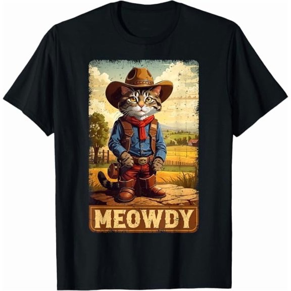 Greenink Vintage Meowdy Cat Cowboy Country Western Funny Cat Lover Shirt Unisex Classic Fit Pure Cotton Tee