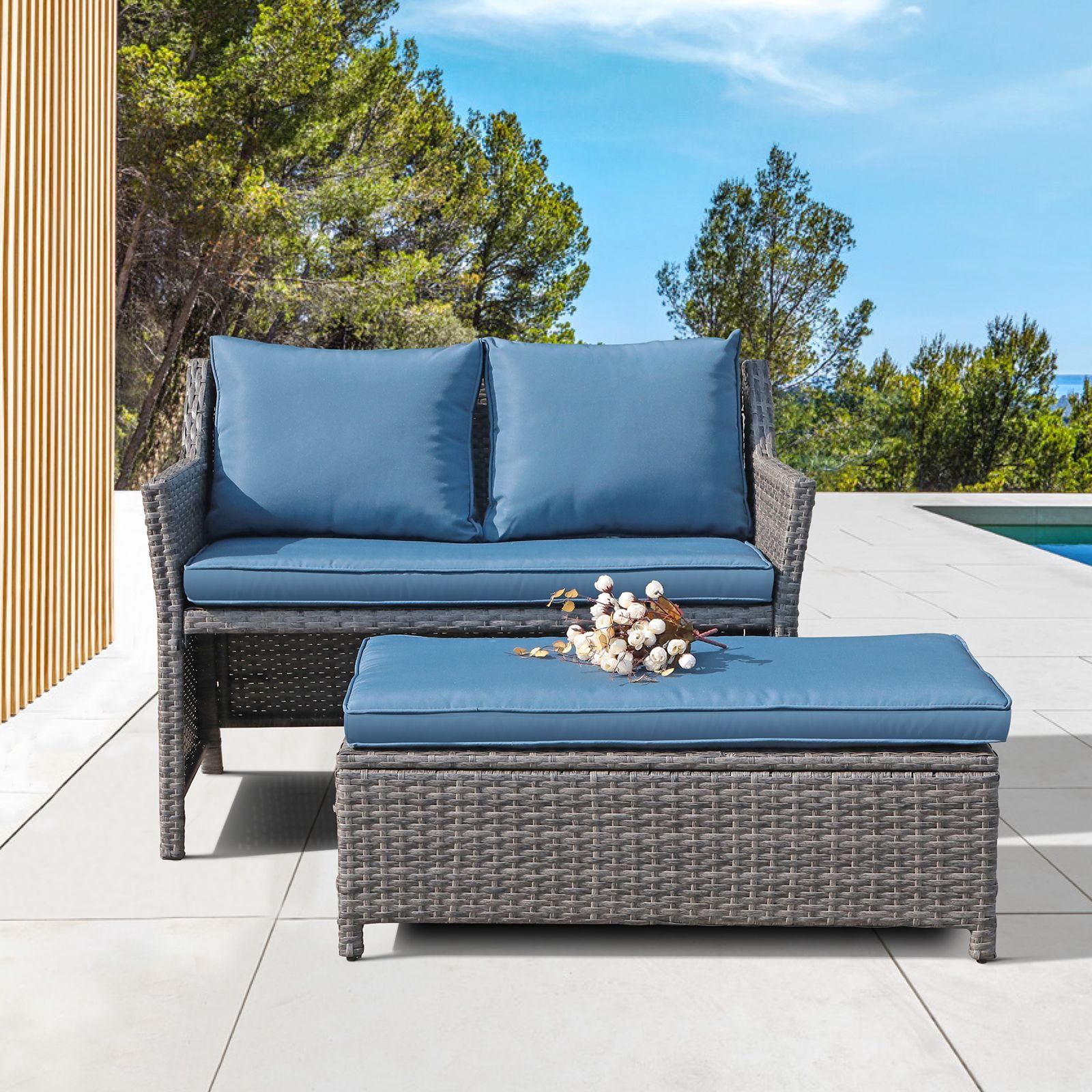 OC Orange-Casual 2-Piece Outdoor Patio Furniture Wicker Love-seat and Coffee Table Set, with Built-in Storage Bin, Grey Rattan, Navy Blue Cushions