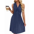 thumbnail image 3 of Women'S Twist Front V Neck Ruffle Summer Dress Elegant Sleeveless Club Party Tunic Bodycon Mini Dresses Navy Blue S, 3 of 9
