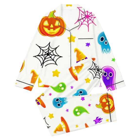 CAIVO Girls Halloween Print Pajama Sets Lapel Long Sleeve Button Down Shirt With Pants 2 Piece Kids Nightwear Pyjamas