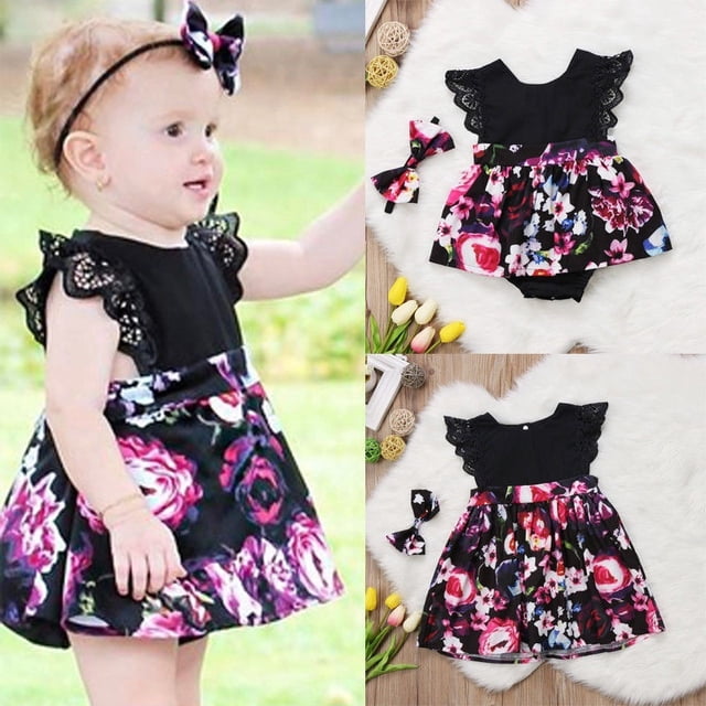 Tenue Assortie pour Sœur Bébé Enfants Filles Combinaison Florale Barboteuse Robe+bandeau Ensemble