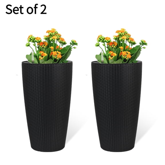 Set of 2 22 Inch Tall Planters, Faux Rattan Self-Watering Planter with Water Level Indicator, Large Outdoor Indoor Flower Pots for Patio Garden, Black