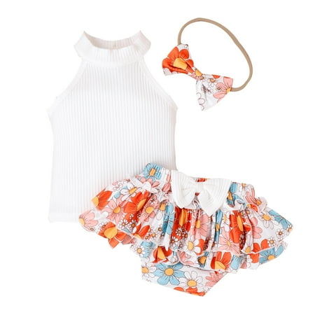 

Toddler Girls Sleeveless Lace Ribbed Vest Tops Ruffles Floral Printed Shorts Headbands Outfits Kids Child Clothing Streetwear Dailywear Outwear