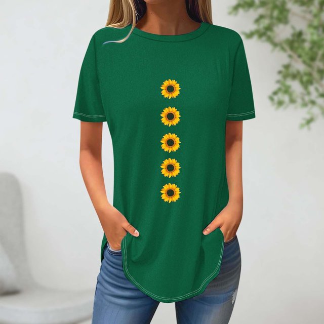 Fiudx Ofertas Flash Artículos En Oferta Top Suelto con Cuello Redondo y Estampado de Girasoles a La Moda Informal de Verano para Mujer